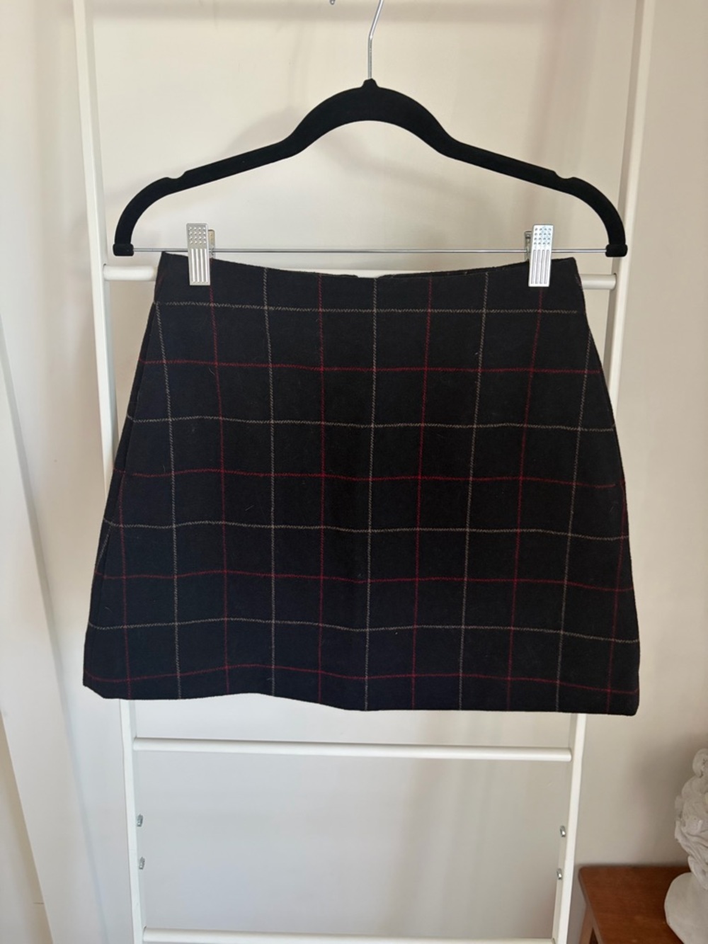 Black Windowpane Plaid-like A-Line Skirt with Red Accents